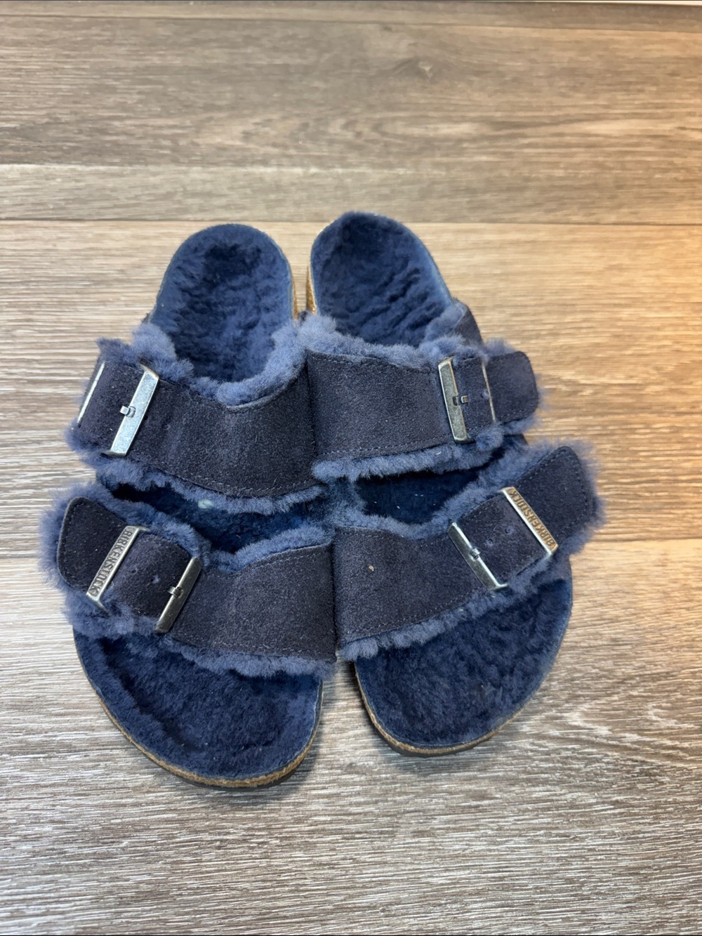 Birkenstock Navy Suede Shearling Arizona fur lined Sandals Sz 38 (j295) - Picture 8 of 8